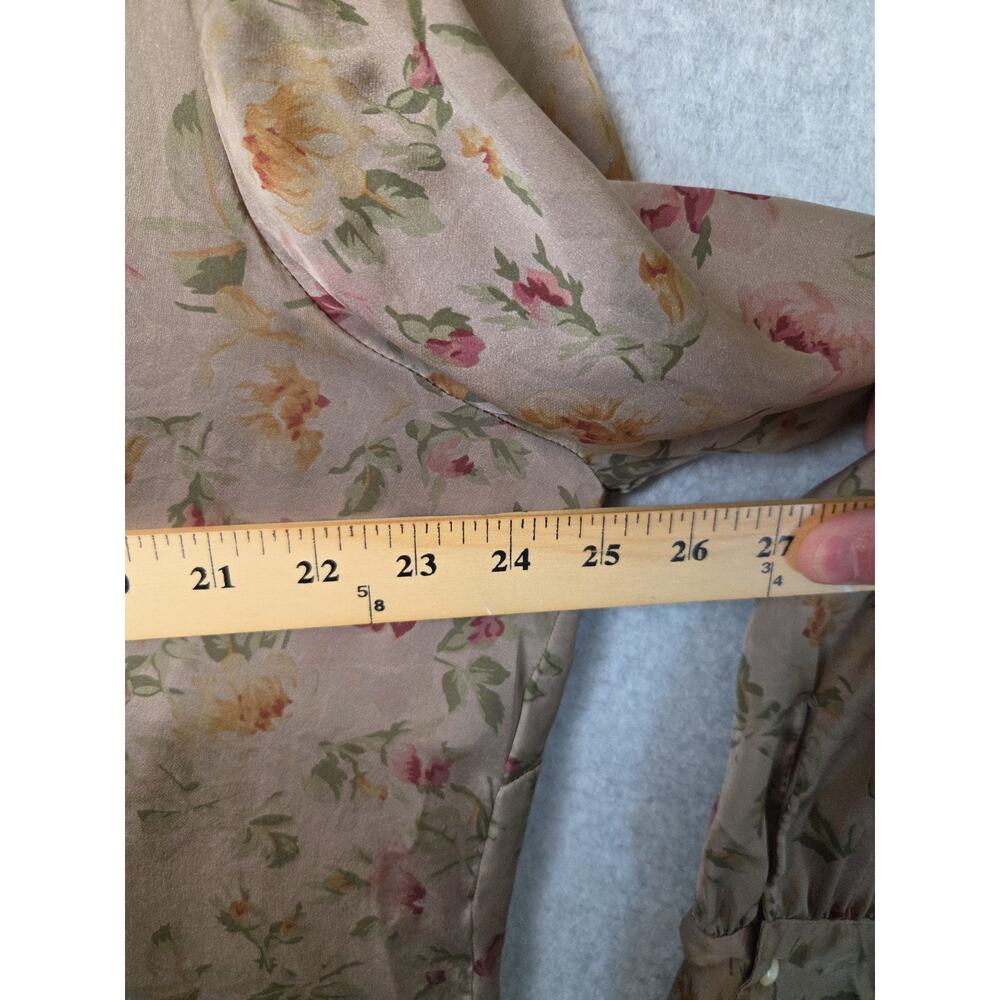 Lauren Ralph Lauren 100% Silk Brown Floral LS Ruffle Jabot Blouse Women Plus 18W - Picture 9 of 11